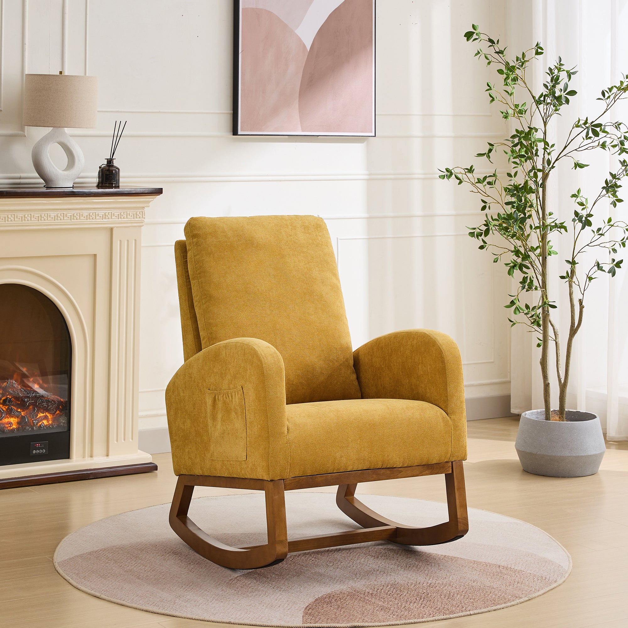 27.2'W Rocking Chair for Nursery, Polyester Glider Chair with High Back and Side Pocket, Rocking Accent Armchair with Rubber Wood Legs for Living Room/Bedroom.Mustard - Grand Goldman Shop