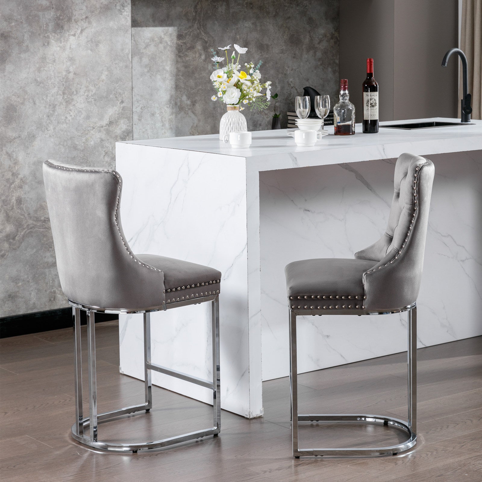 26' Counter Height Bar Stools Set of 2, Modern Velvet Barstools with Button Back&Rivet Trim Upholstered Kitchen Island Chairs with Sturdy Chromed Metal Base Legs Farmhouse Bar Stools, (Gray,2 Pack) - Grand Goldman Shop