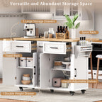 K&K 56.5'' Kitchen Island with Drop Leaf, Power Outlet, Embossed Vertical Stripe Rolling Kitchen Cart on Wheels with 4 Doors , 5 Deep Drawers and Adjustable Shelves, for Kitchen, Dining Room, White - Grand Goldman Shop
