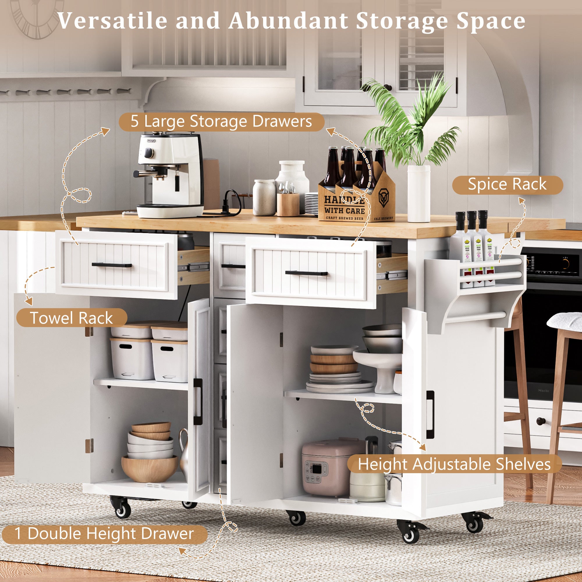 K&K 56.5'' Kitchen Island with Drop Leaf, Power Outlet, Embossed Vertical Stripe Rolling Kitchen Cart on Wheels with 4 Doors , 5 Deep Drawers and Adjustable Shelves, for Kitchen, Dining Room, White - Grand Goldman Shop