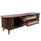 Modern Farmhouse Rattan TV Stand for TVs up to 75'', Natural Wood and Brown Solid Wood Legs, MDF Cabinet with Rattan Drawers and Sliding Doors, 66.93'' L Living Room Entertainment Console - Grand Goldman Shop