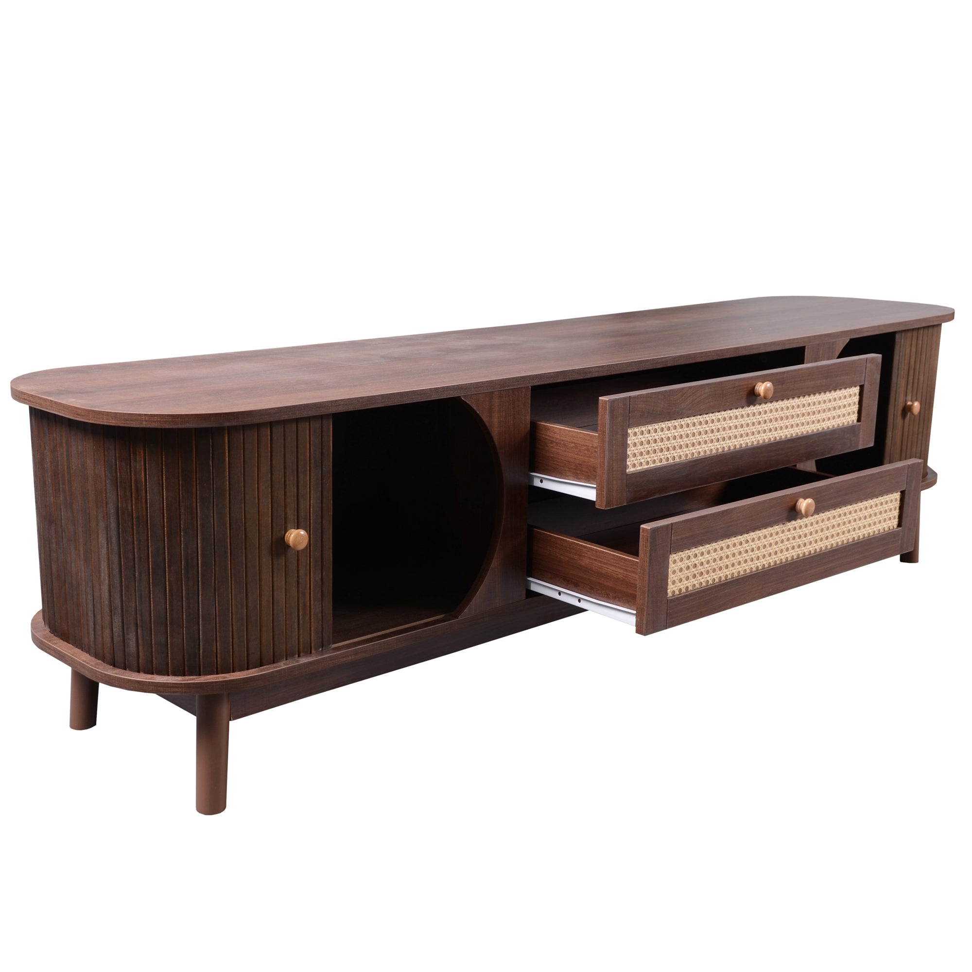 Modern Farmhouse Rattan TV Stand for TVs up to 75'', Natural Wood and Brown Solid Wood Legs, MDF Cabinet with Rattan Drawers and Sliding Doors, 66.93'' L Living Room Entertainment Console - Grand Goldman Shop
