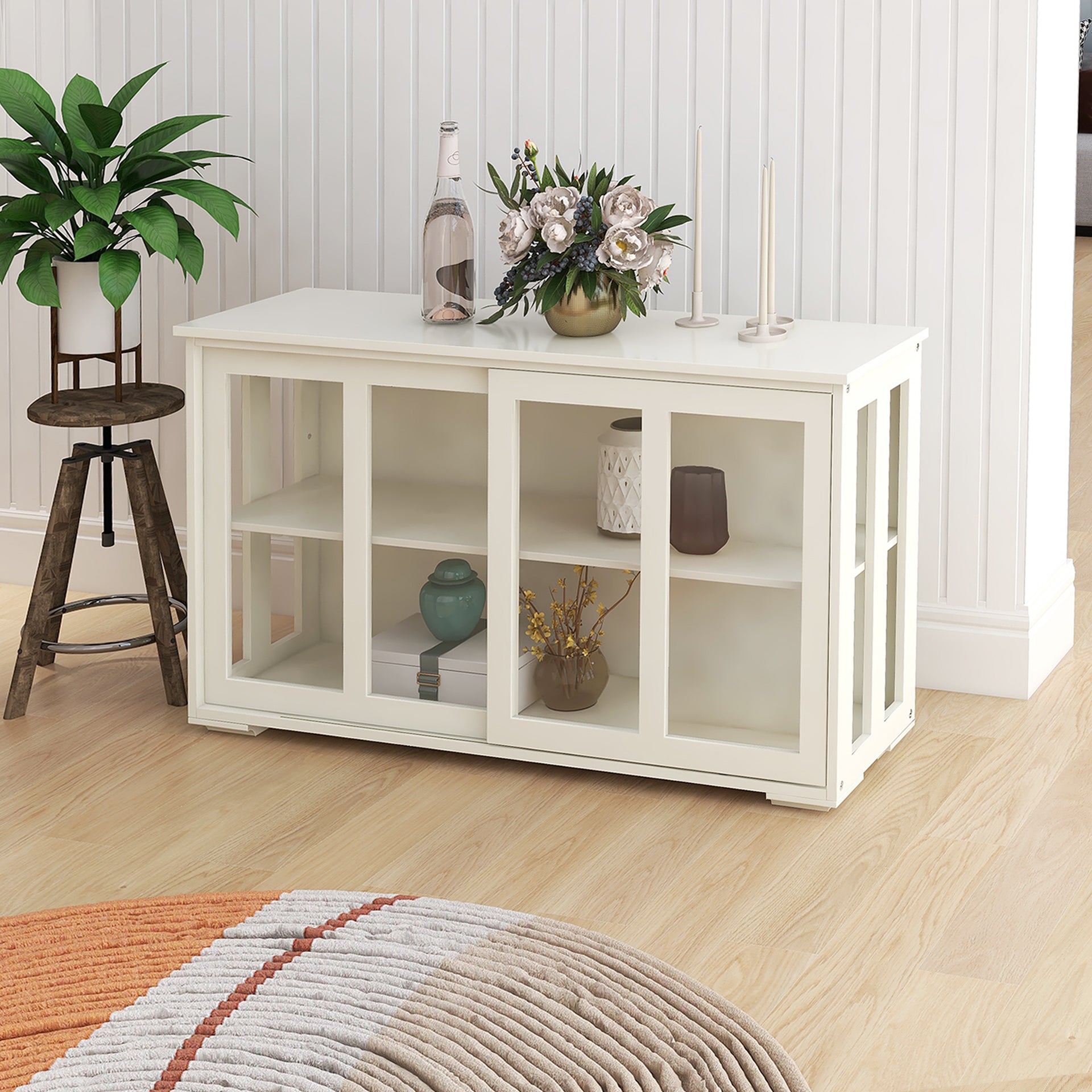Kitchen Storage Stand Cupboard With Glass Door-White - Grand Goldman Shop