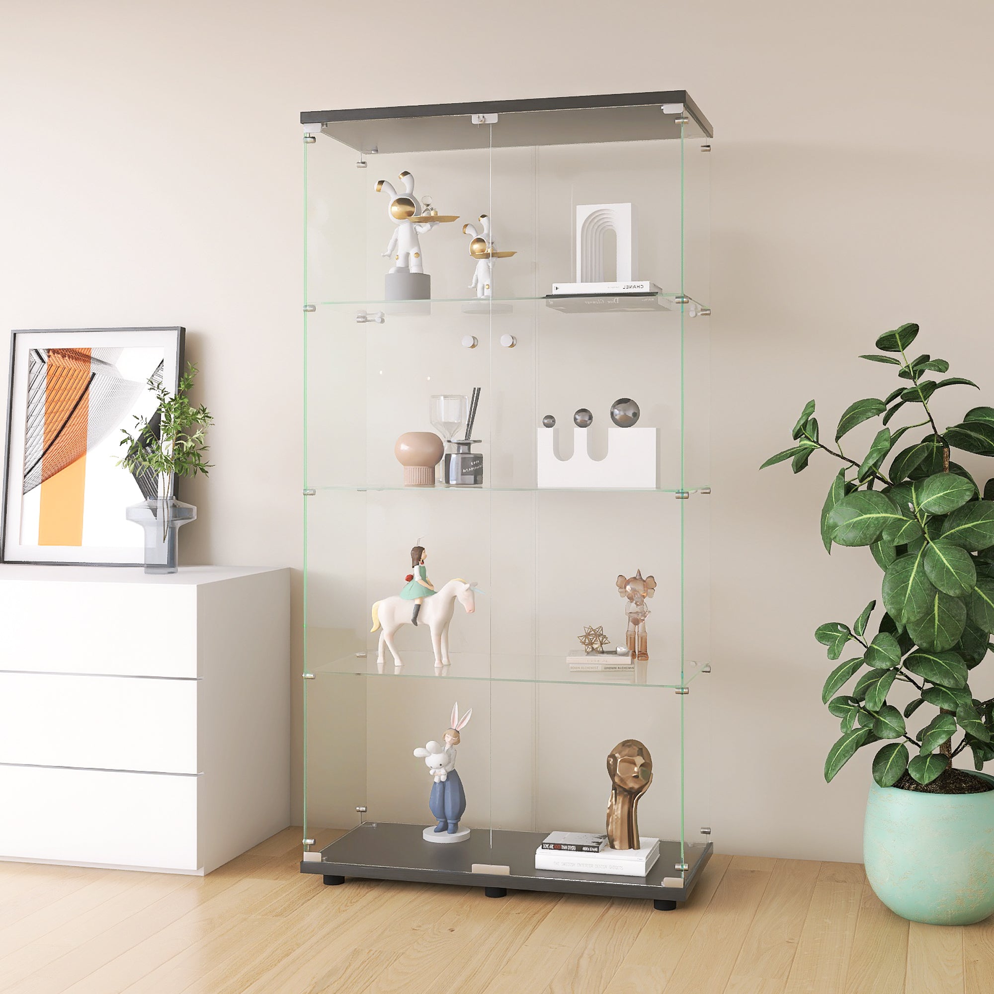 Two-door Glass Display Cabinet 4 Shelves with Door, Floor Standing Curio Bookshelf for Living Room Bedroom Office,  64.7'*31.
