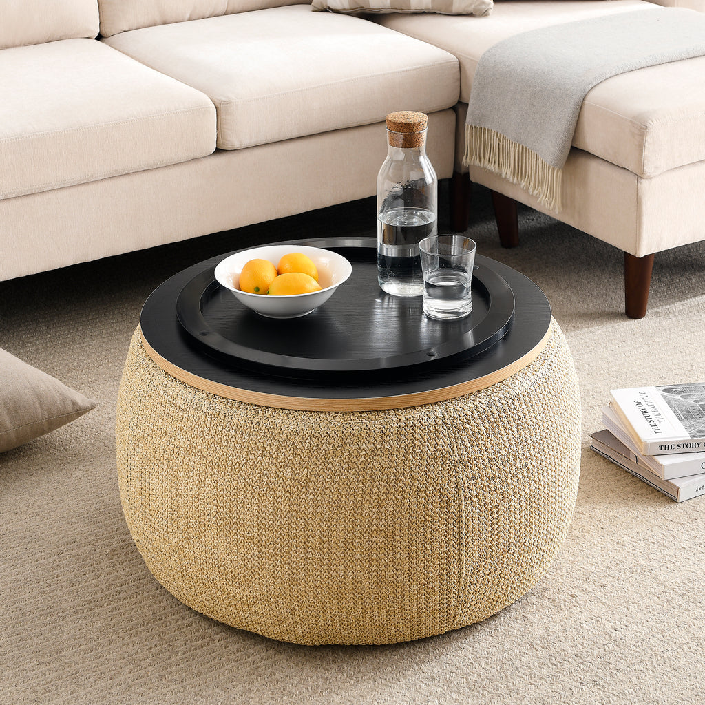Round Storage Ottoman, 2 in 1 Function, Work as End table and Ottoman, Natural (25.5'x25.5'x14.5') - Grand Goldman Shop