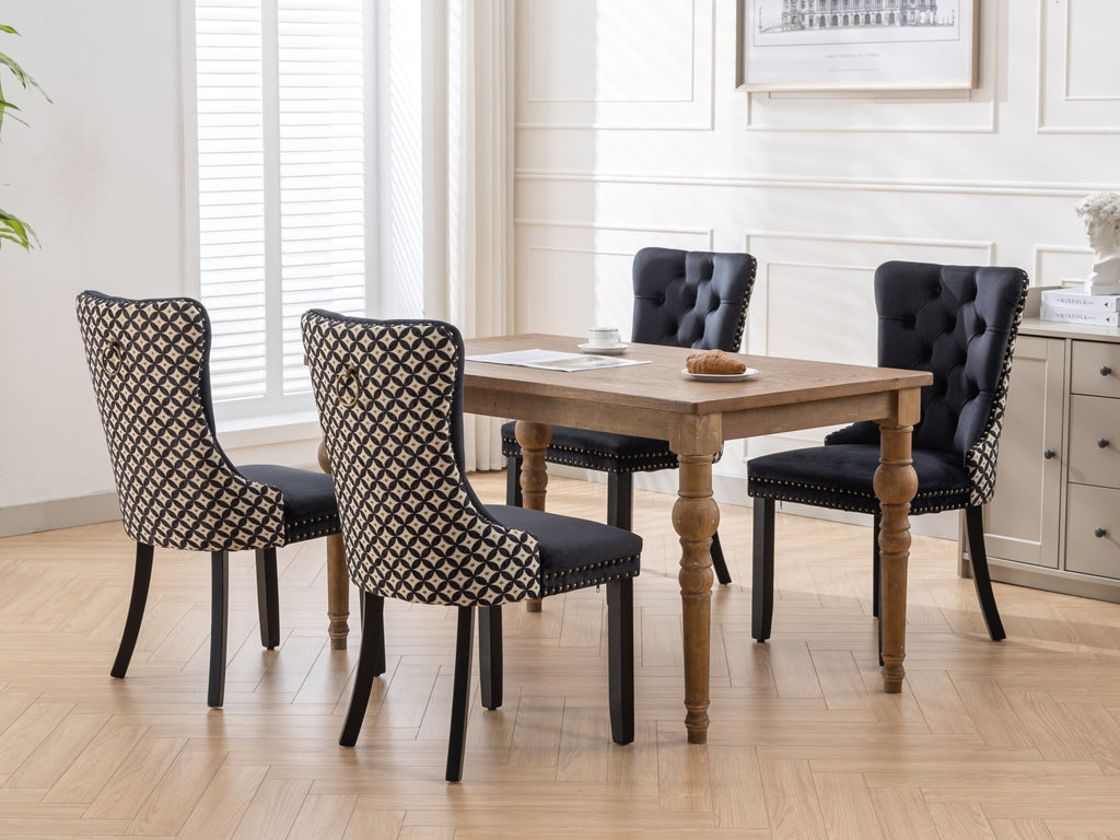 Classic Velvet Dining Chairs,  High-end Tufted Solid Wood Contemporary Velvet Upholstered Dining Chair with Wood Legs Nailhead, SET OF 2,Black and Patterned,SW2201BK - Grand Goldman Shop