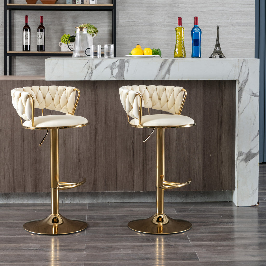 Set of 2  Bar Stools,with Chrome Footrest and Base Swivel Height Adjustable Mechanical Lifting Velvet + Golden Leg Simple Bar Stool-Cream - Grand Goldman Shop