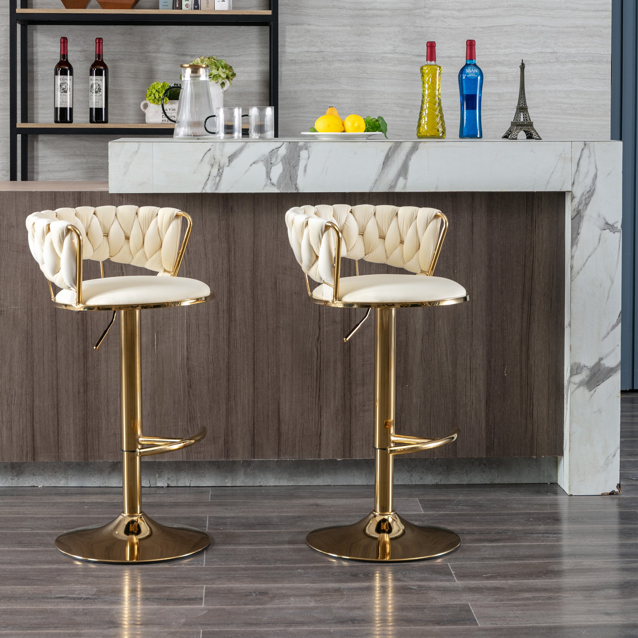 Set of 2  Bar Stools,with Chrome Footrest and Base Swivel Height Adjustable Mechanical Lifting Velvet + Golden Leg Simple Bar Stool-Cream - Grand Goldman Shop