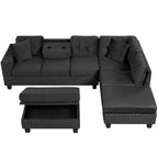 Modern Sectional Sofa with Storage Ottoman, L-Shape Couch with 2 Pillows and Cup Holders, Black Velvet, 105' - Grand Goldman Shop
