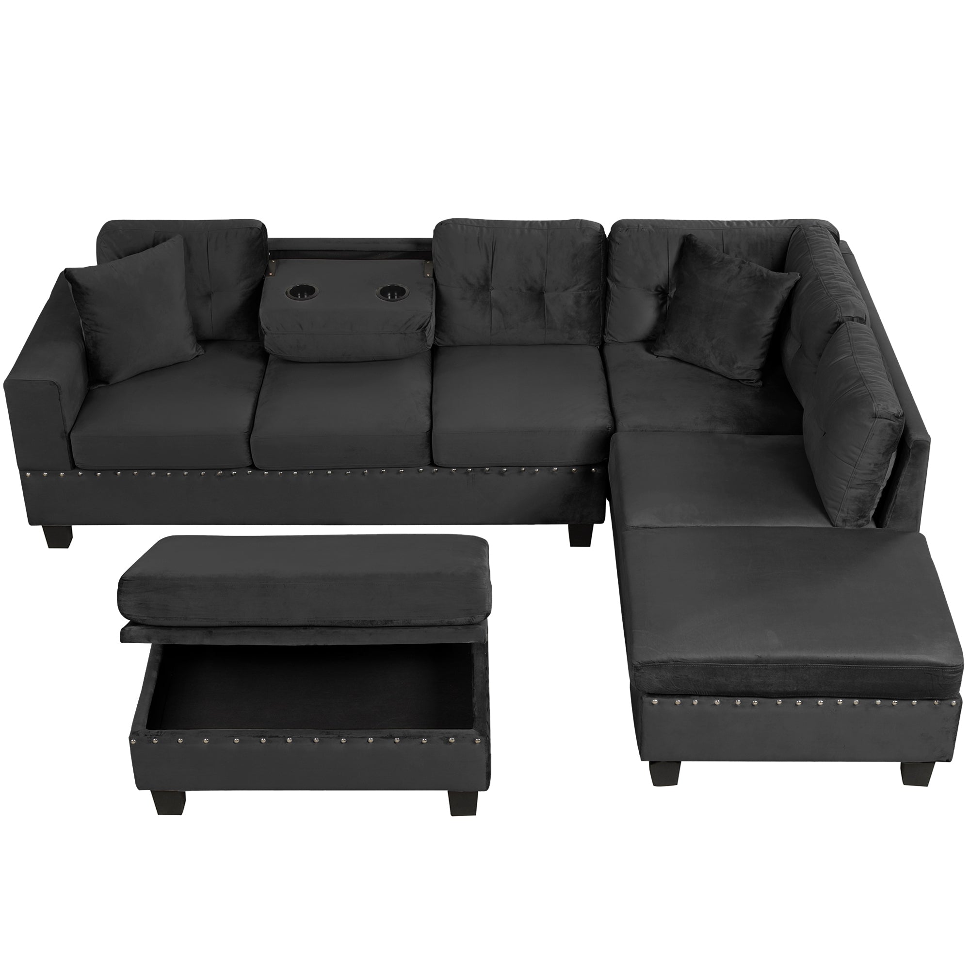Modern Sectional Sofa with Storage Ottoman, L-Shape Couch with 2 Pillows and Cup Holders, Black Velvet, 105' - Grand Goldman Shop