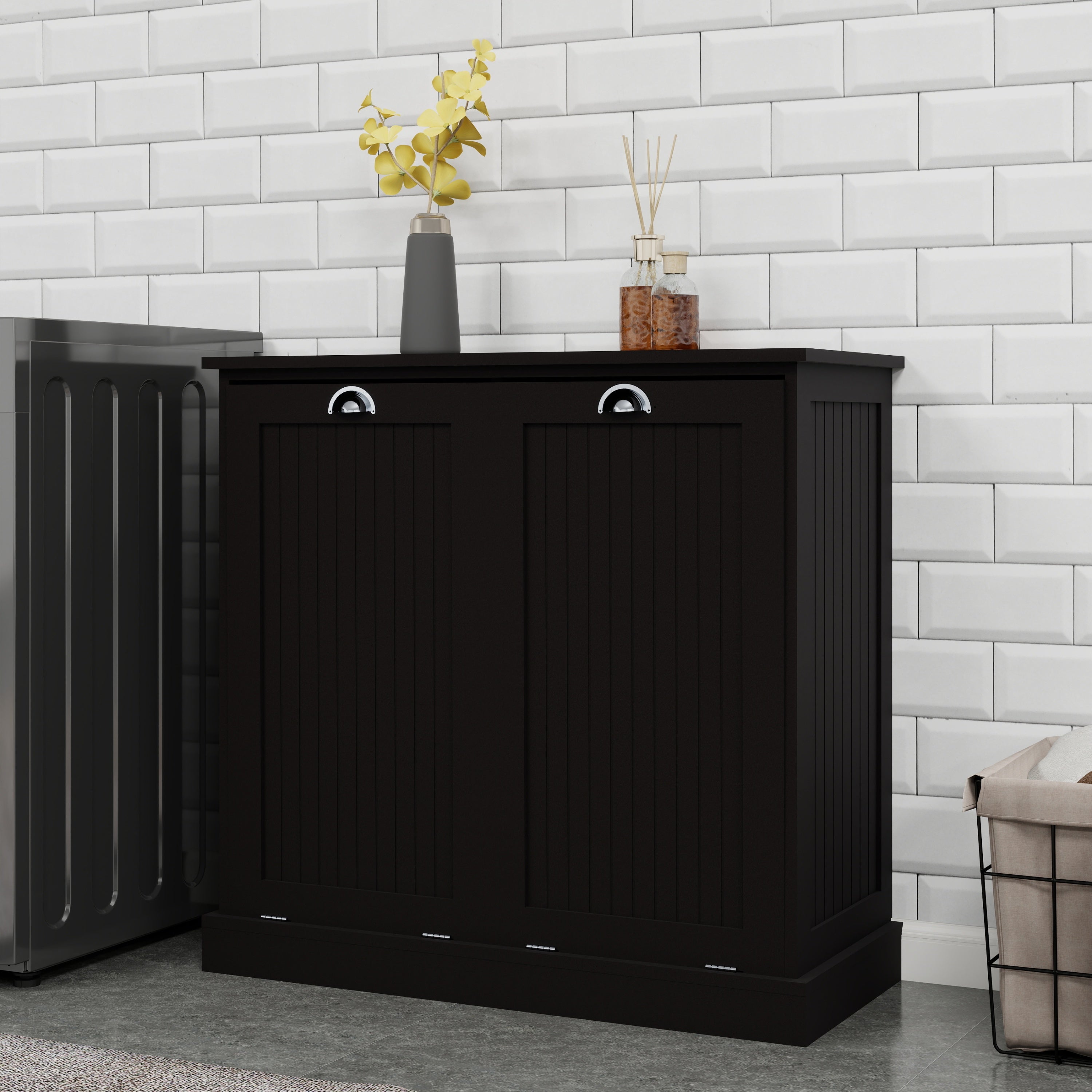 Two-Compartment Tilt-Out Laundry Sorter Cabinet-Black - Grand Goldman Shop