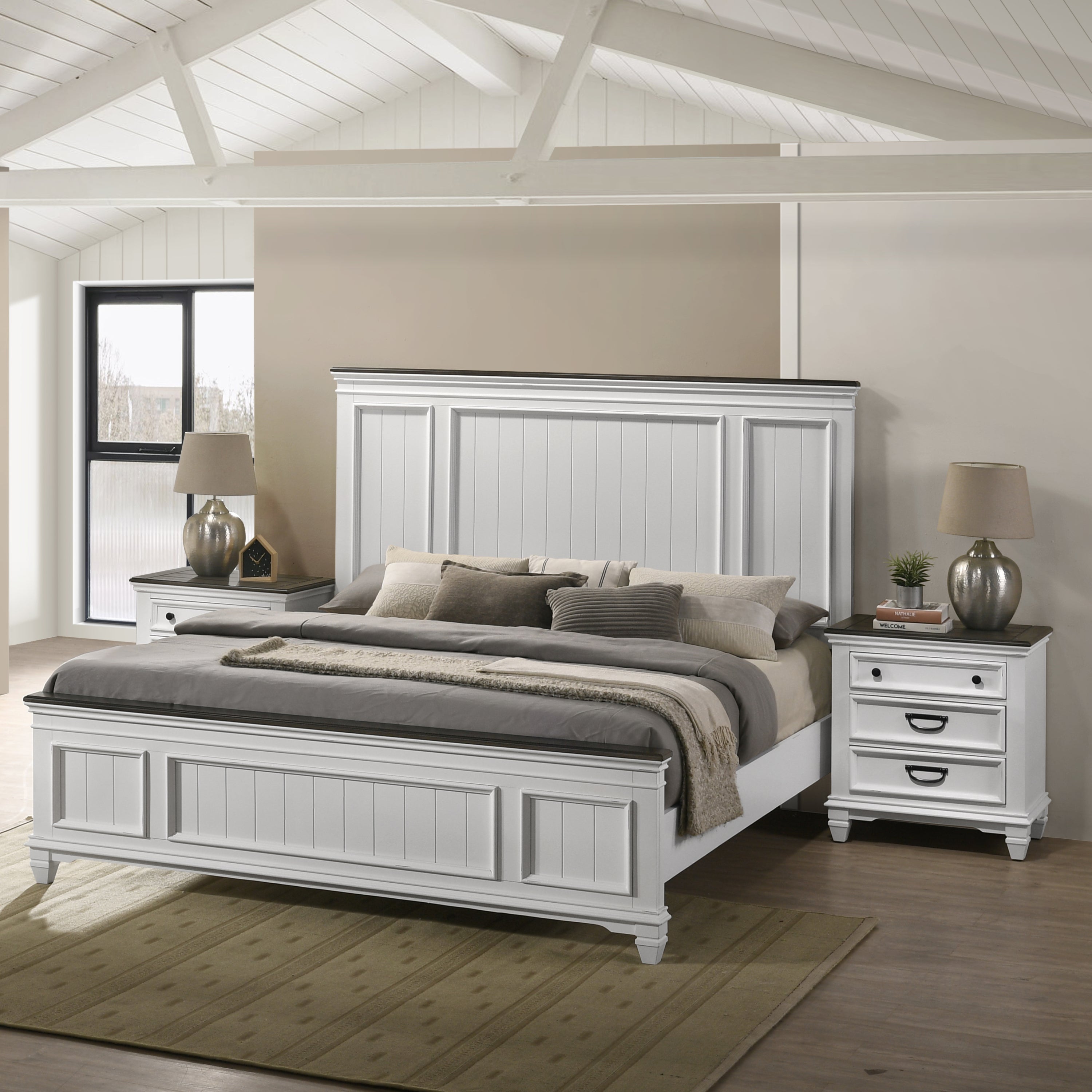 Clelane 3-Piece Wood Bedroom Set, Shiplap Panel King Bed and 2 Nightstands - Grand Goldman Shop
