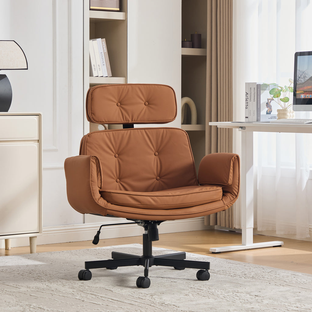 Criss Cross Chair with Adjustable Armrests & Wheels & Headrest, PU Lounge Vanity Desk Chair with Wide Seat for Cross-Legged S