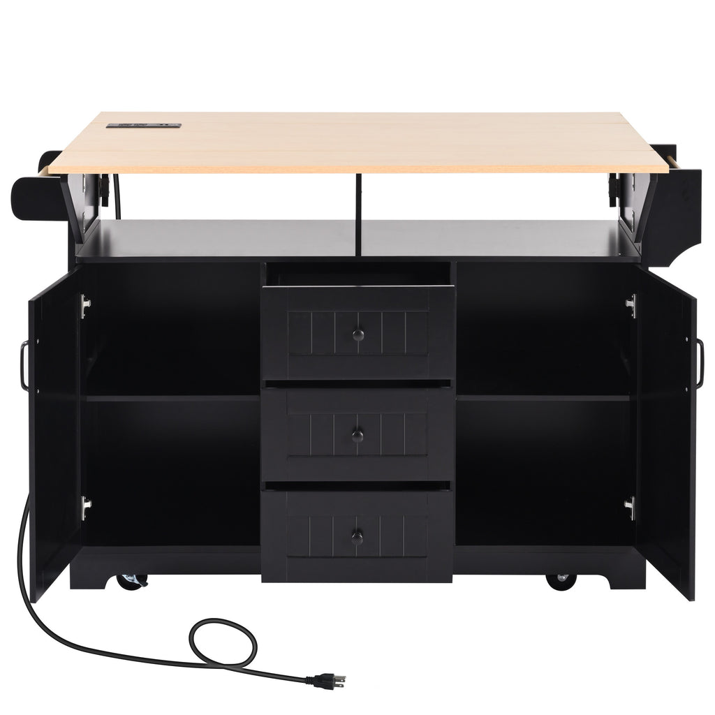 K&K 55.7'' Large Kitchen Island with 2 Drop Leaf,, Rolling Kitchen Cart on 5 Wheels with Power Outlet, Folding Storage Dining Table with Spice & Towel Rack , 3 Drawers, for Kitchen, Dining Room,Black - Grand Goldman Shop