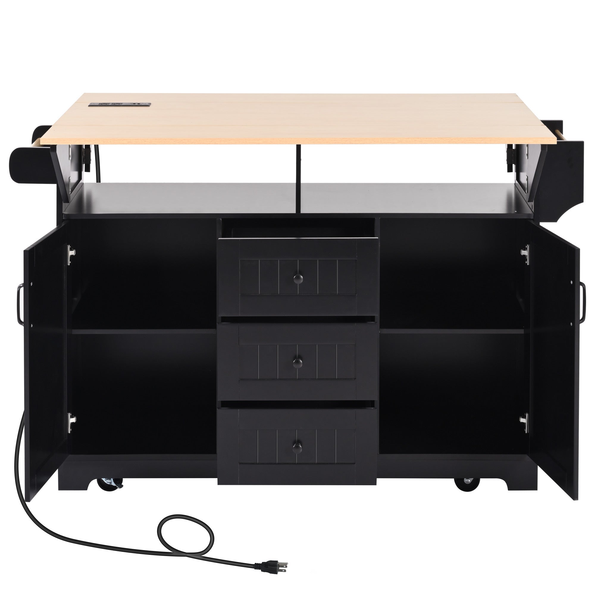 K&K 55.7'' Large Kitchen Island with 2 Drop Leaf,, Rolling Kitchen Cart on 5 Wheels with Power Outlet, Folding Storage Dining Table with Spice & Towel Rack , 3 Drawers, for Kitchen, Dining Room,Black - Grand Goldman Shop