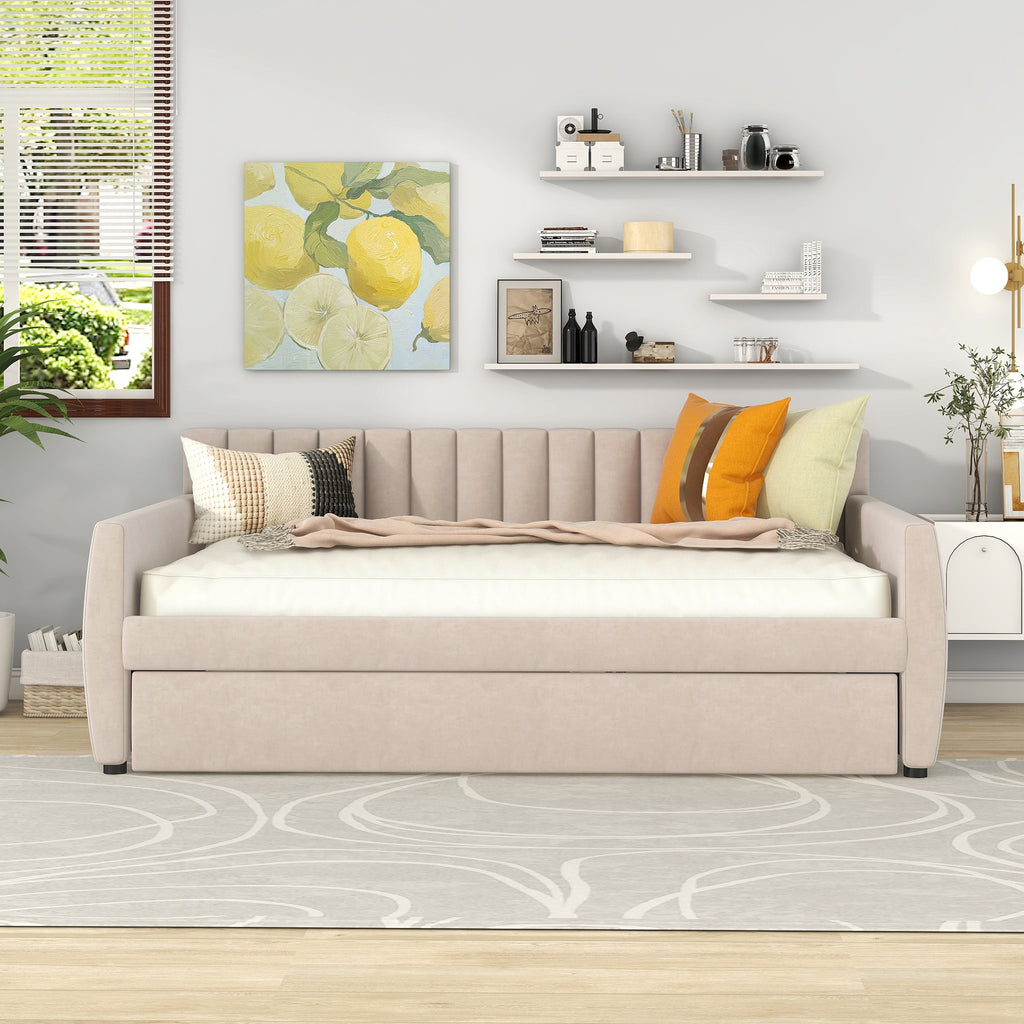 Full Size Upholstered daybed with Trundle and Wood Slat Support, Beige(Old SKU:LP000121AAA) - Grand Goldman Shop