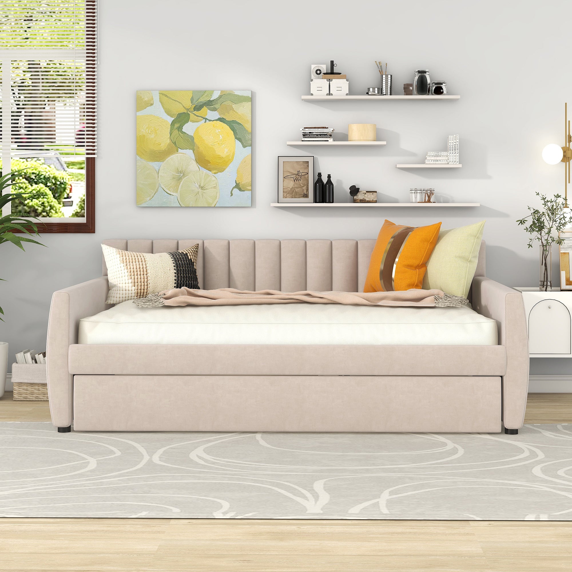 Full Size Upholstered daybed with Trundle and Wood Slat Support, Beige(Old SKU:LP000121AAA) - Grand Goldman Shop