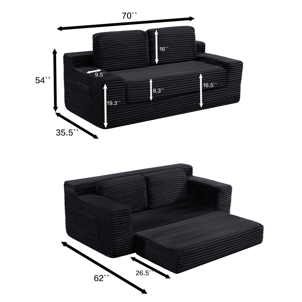 Corduroy Cloud Double Sofa, 2-in-1 Convertible Sofa Bed, Comfortable Boneless Double Sofa, Suitable for Living Room, Apartment, Small Space Black - Grand Goldman Shop
