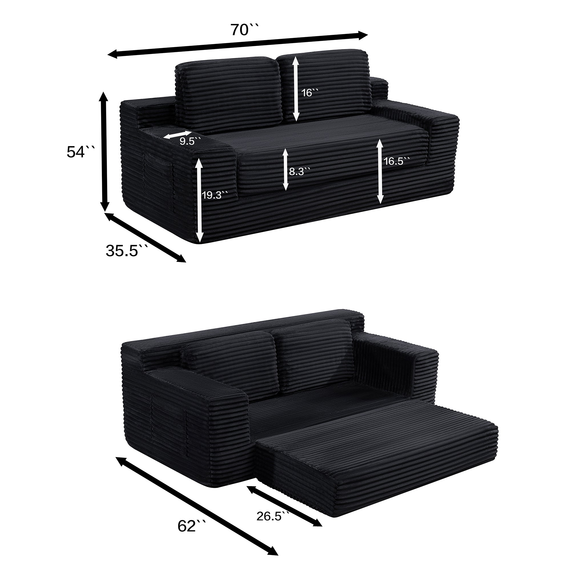 Corduroy Cloud Double Sofa, 2-in-1 Convertible Sofa Bed, Comfortable Boneless Double Sofa, Suitable for Living Room, Apartment, Small Space Black - Grand Goldman Shop