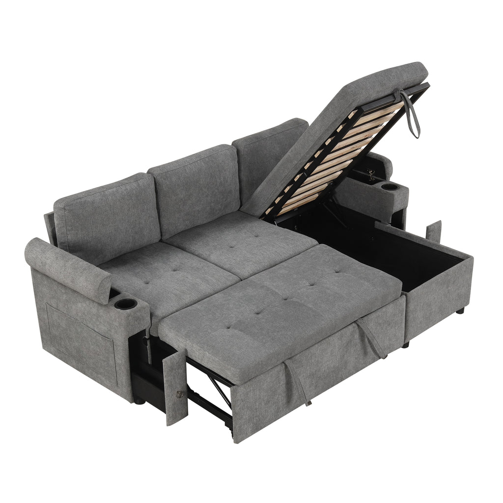 Modern L-shaped Convertible Sofa Bed with Storage, Cup Holders, USB Ports, Gray Chenille, 83.5' - Grand Goldman Shop