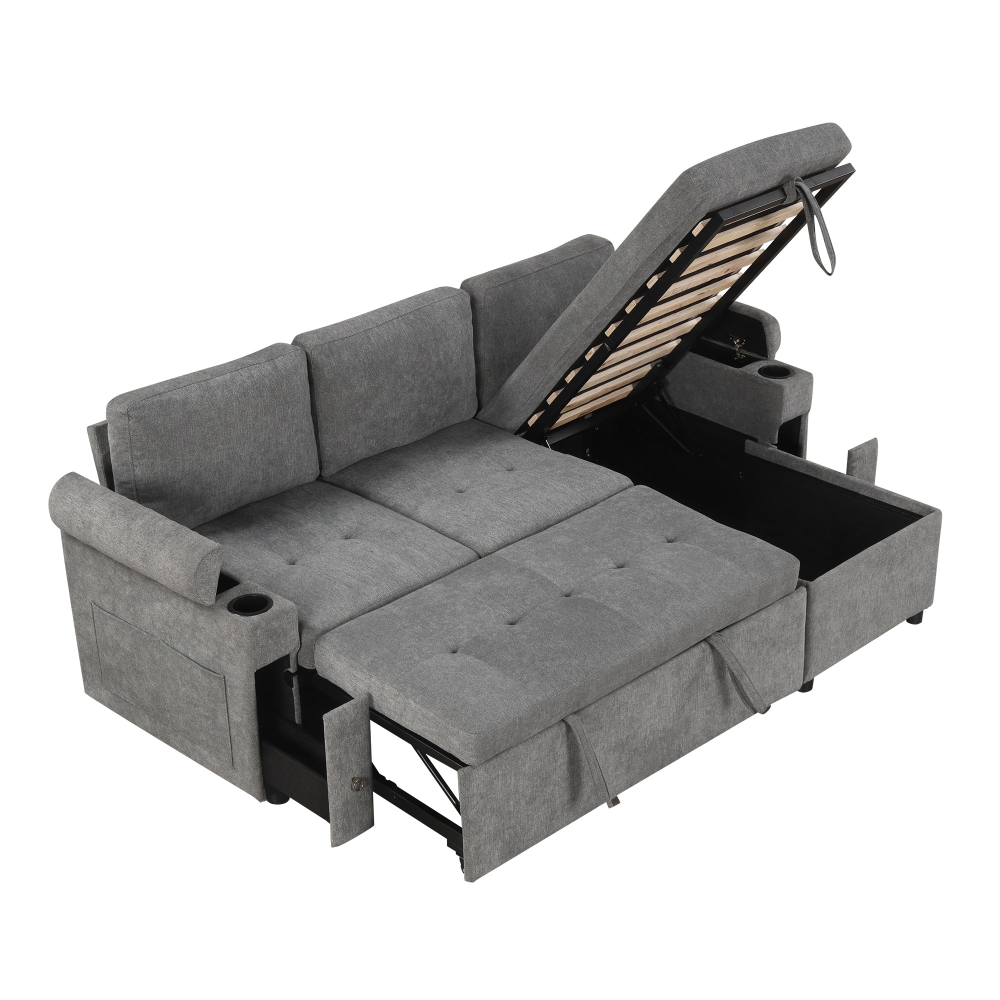 Modern L-shaped Convertible Sofa Bed with Storage, Cup Holders, USB Ports, Gray Chenille, 83.5' - Grand Goldman Shop