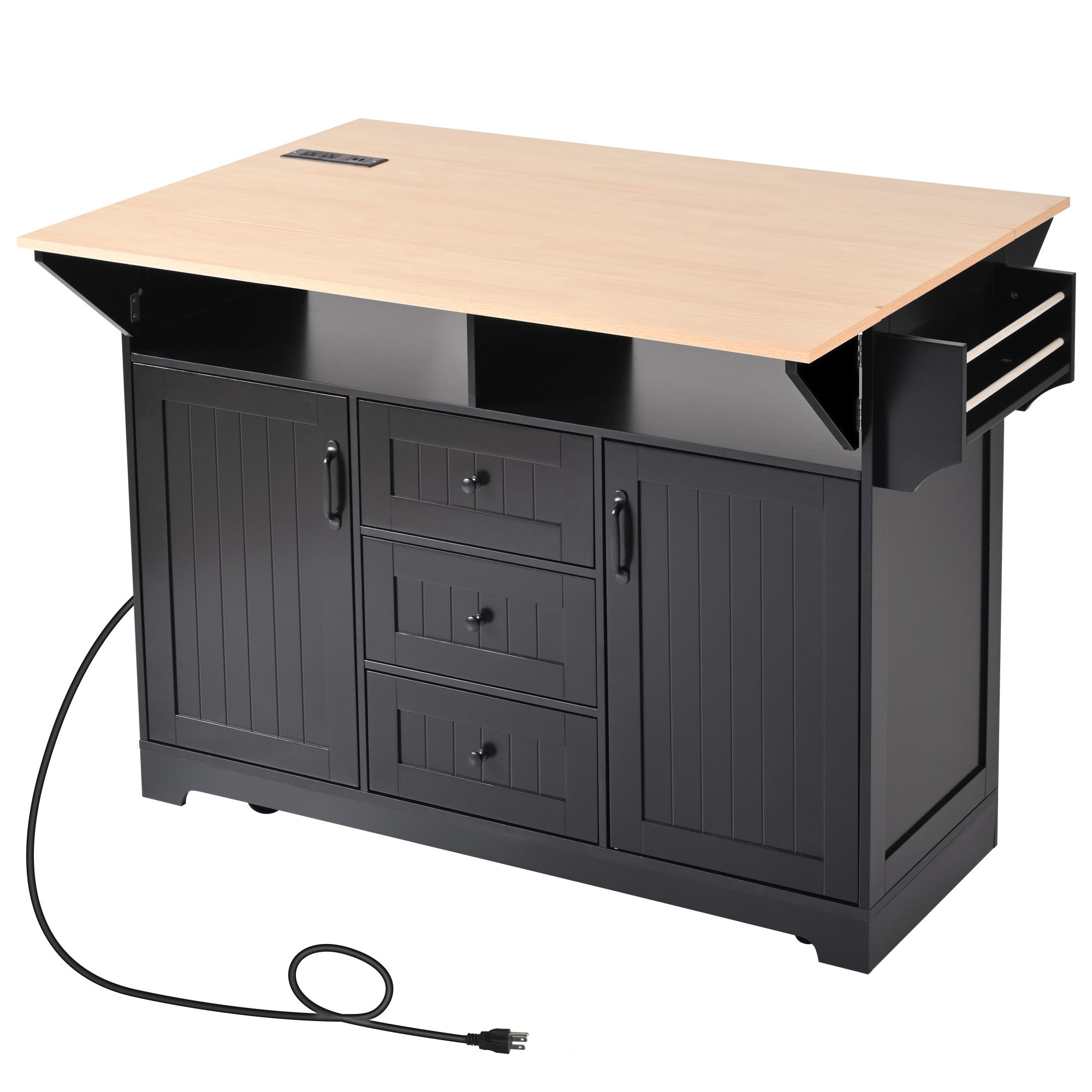 K&K 55.7'' Large Kitchen Island with 2 Drop Leaf,, Rolling Kitchen Cart on 5 Wheels with Power Outlet, Folding Storage Dining Table with Spice & Towel Rack , 3 Drawers, for Kitchen, Dining Room,Black - Grand Goldman Shop