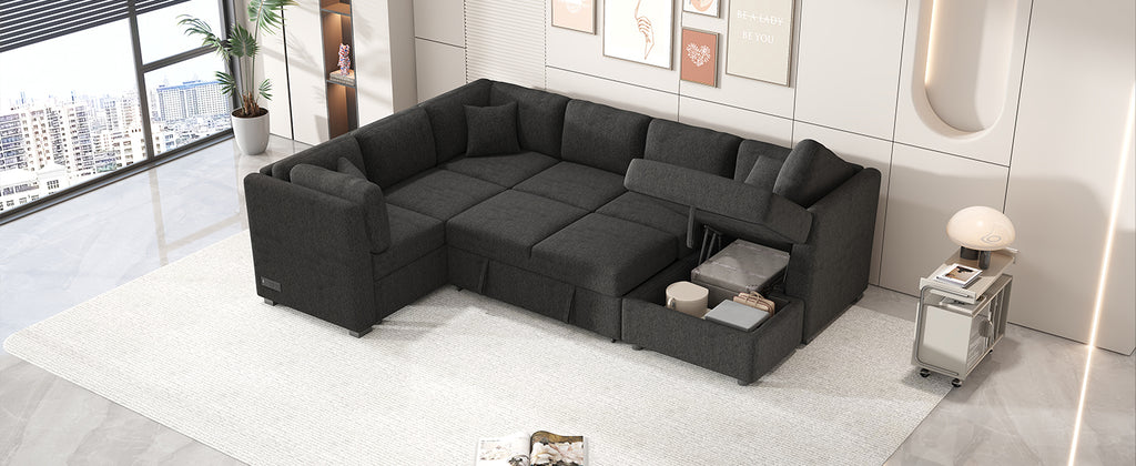 U-shaped Sectional Sofa Pull Out Bed with USB Ports, Power Sockets, Back Pillows & Storage Chaise, Black Chenille, 108.6' - Grand Goldman Shop