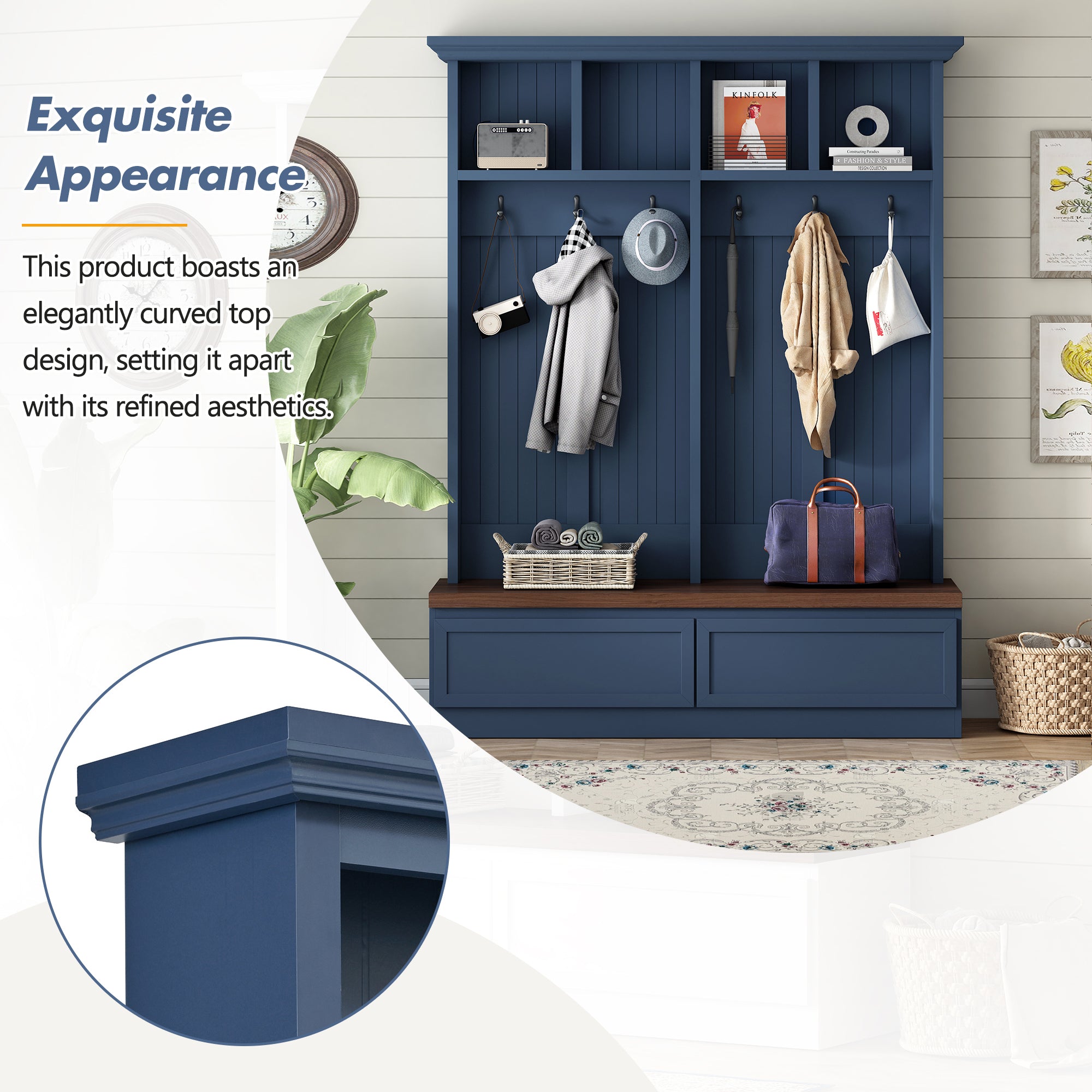 Farmhouse 4-in-1 Hall Tree with Wood Grain Bench, Mudroom Versatile Coat Rack with 2 Large Drawer, Entrance Organizer for Hallway, Living Room, Blue, 55.9'W (OLD SKU: N721P313099C) - Grand Goldman Shop