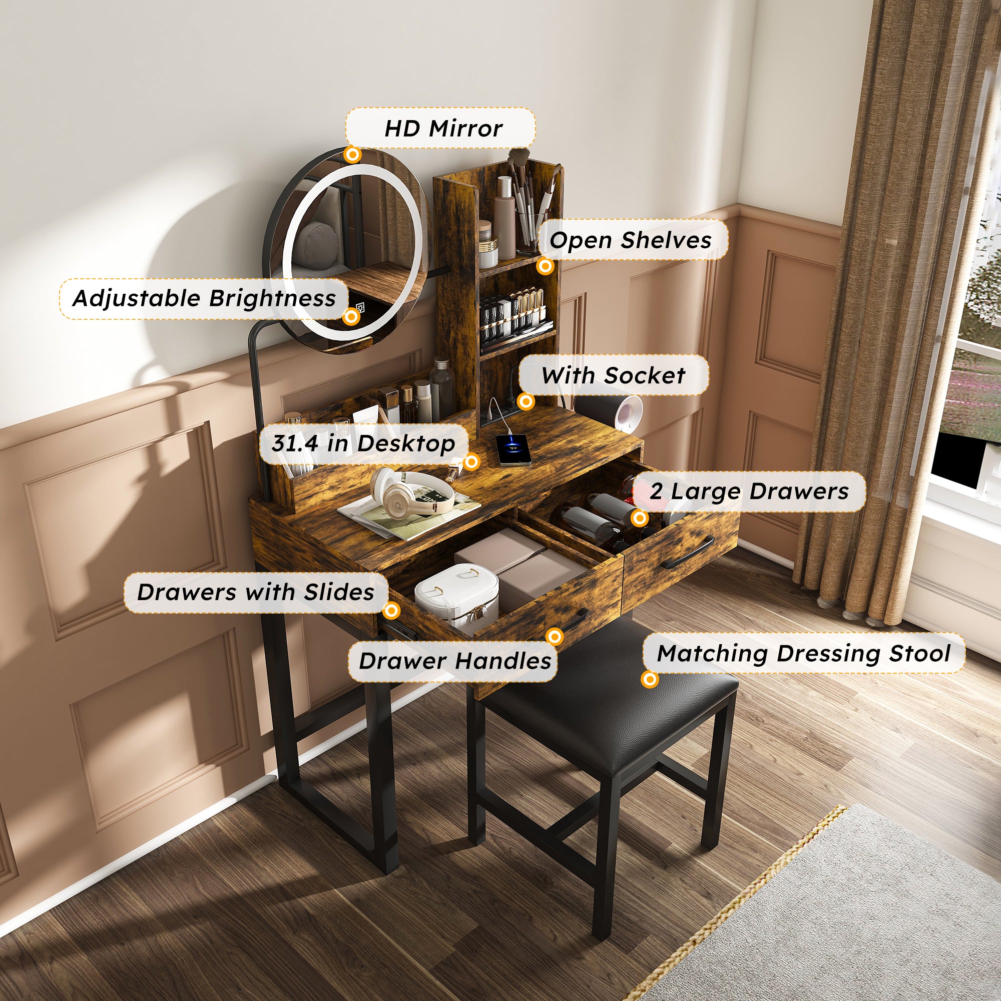 Makeup Vanity Table with LED Lights, 3 Color Options, Power Outlet, Brown MDF, 31.5 x 15.75 x 52.36 inches - Grand Goldman Shop