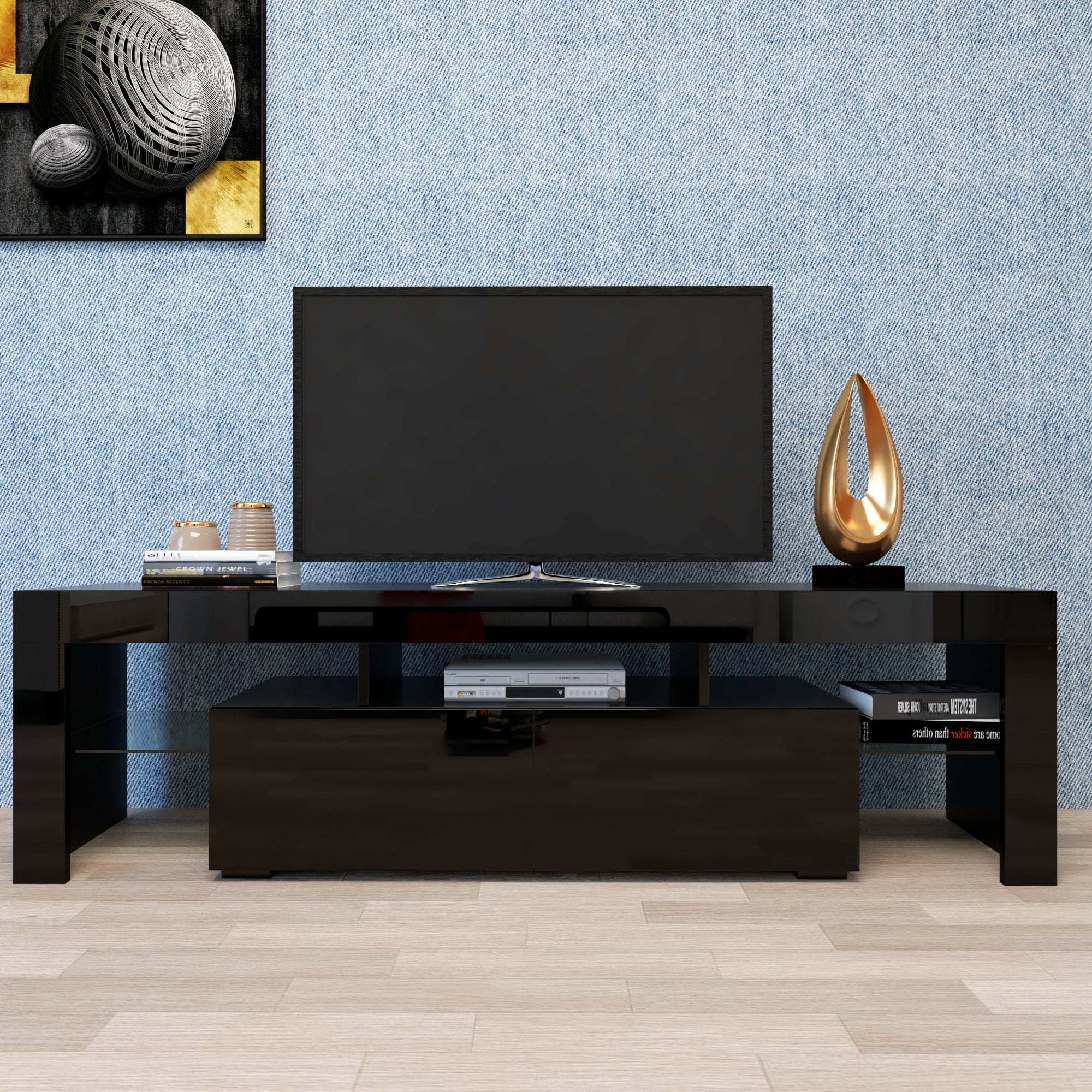 Modern Black TV Stand, 20 Colors LED TV Stand w/Remote Control Lights - Grand Goldman Shop