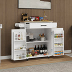 Kitchen island rolling trolley cart with 1 drawer & 2 doors with storage racks & Adjustable Shelves & towel rack & seasoning rack rubber wood table top-White - Grand Goldman Shop
