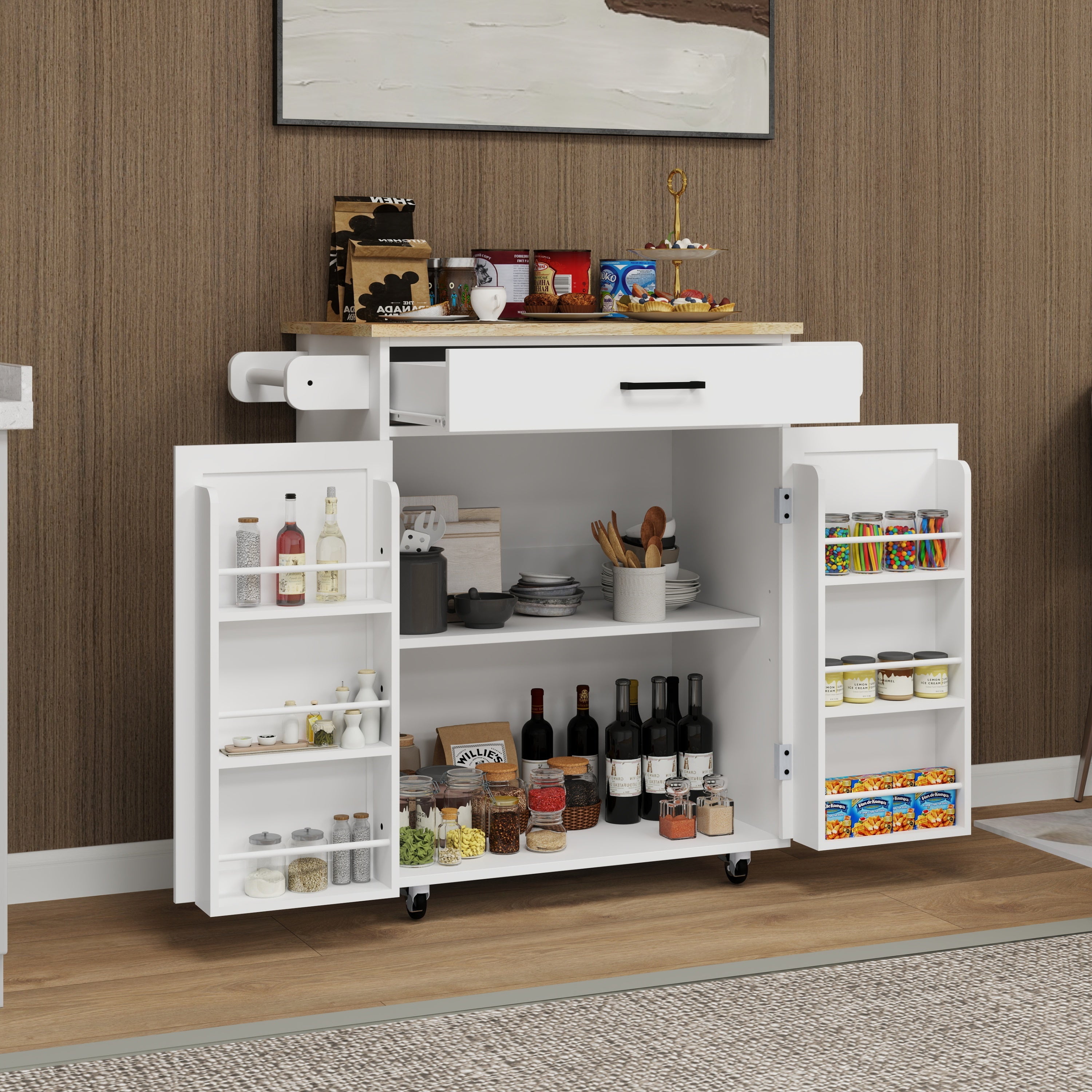 Kitchen island rolling trolley cart with 1 drawer & 2 doors with storage racks & Adjustable Shelves & towel rack & seasoning rack rubber wood table top-White - Grand Goldman Shop