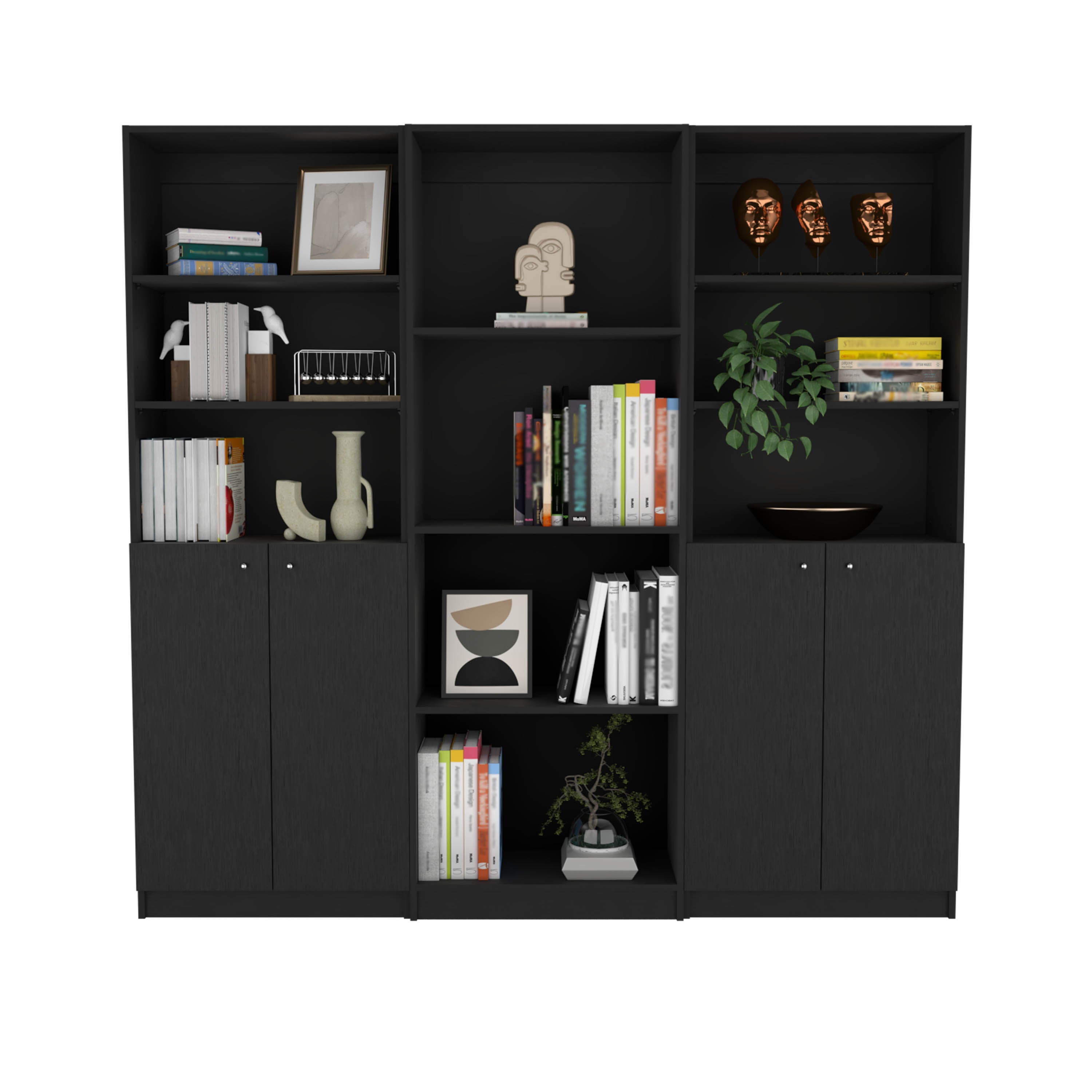 Hialeah 3 Piece Home Bookcase set, 74' Wide with 10 Shelves and Two Double-Door Cabinet ,  Living Room Set Set  Black | Premi