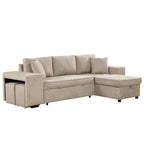 Modern L-Shape 3 Seat Reversible Sectional Couch with Pull Out Sleeper, Storage Chaise & 2 Stools, Cream, Linen Chenille - Grand Goldman Shop