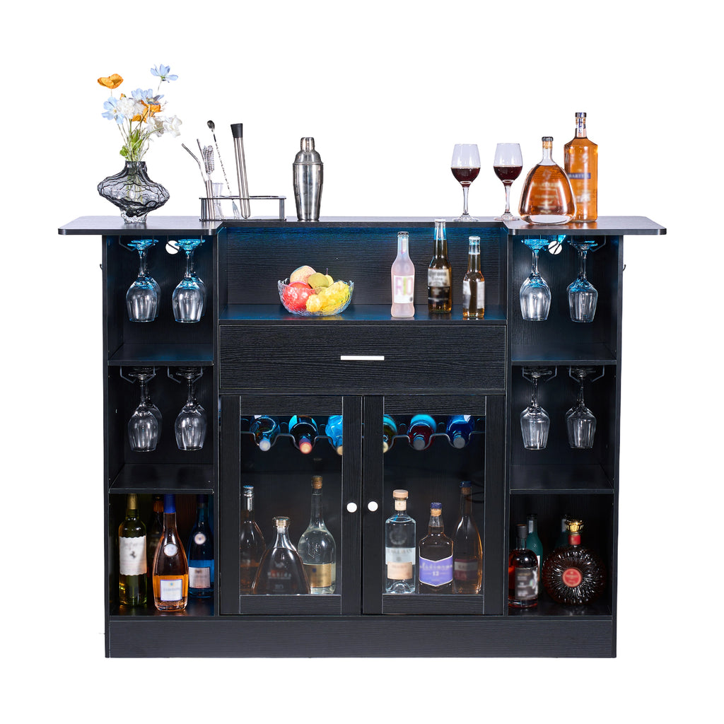 Home Bar Unit, Wine Bar Cabinet Table 4-Tier with Storage Drawer Shelves, Wine Glass Holder, Bottle Rack, LED Light, Wood & Metal Liquor Cabinet for Home, Basement, Kitchen, Living Room, Black - Grand Goldman Shop