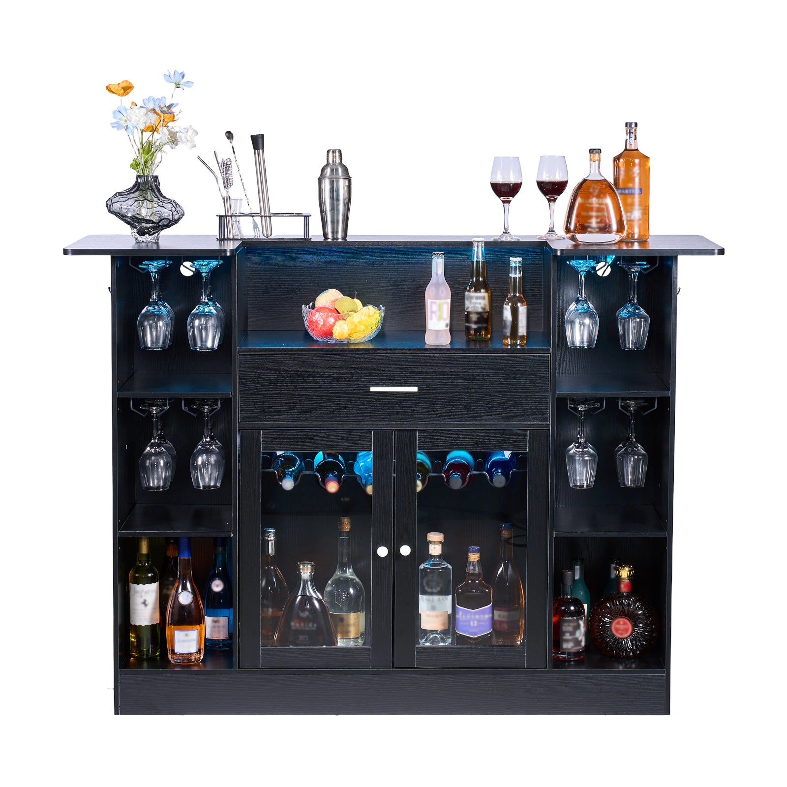 Home Bar Unit, Wine Bar Cabinet Table 4-Tier with Storage Drawer Shelves, Wine Glass Holder, Bottle Rack, LED Light, Wood & Metal Liquor Cabinet for Home, Basement, Kitchen, Living Room, Black - Grand Goldman Shop