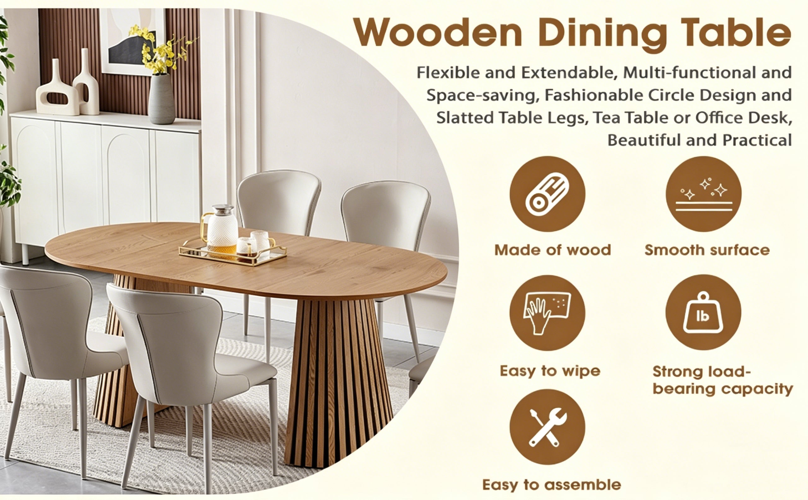 Wooden Dining Table, Flexible and Extendable, Multi-functional and Space-saving, Fashionable Oval Design and Slatted Table Legs, Tea Table or Office Desk, Beautiful and Practical - Grand Goldman Shop