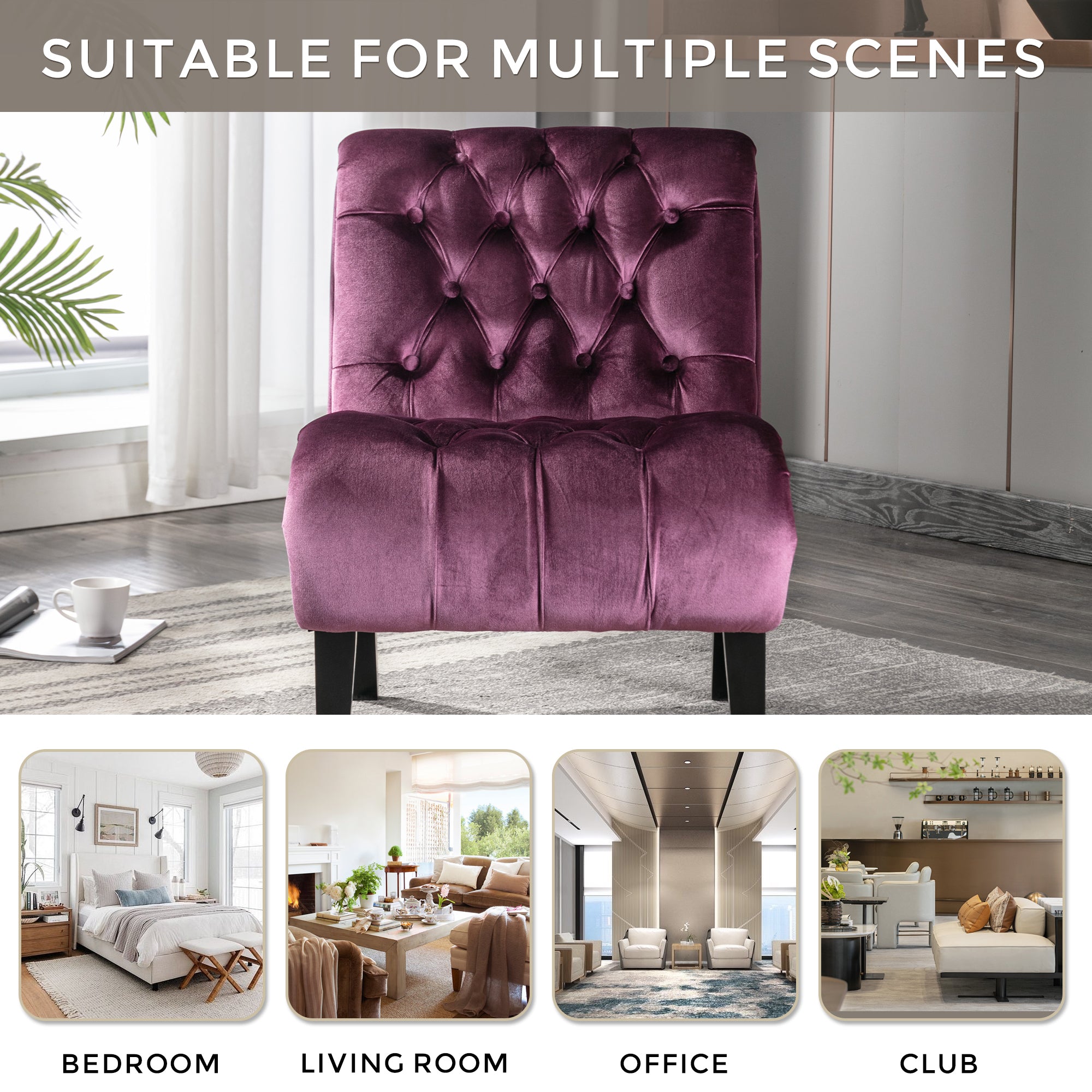 COOLMORE Modern Velvet Armless Accent Living Room Chair / Leisure Chair,Upholstered Fabric Button Comfortable Chair with Wooden Legs for Bedroom, Living Room, Office (Purple Velvet) - Grand Goldman Shop