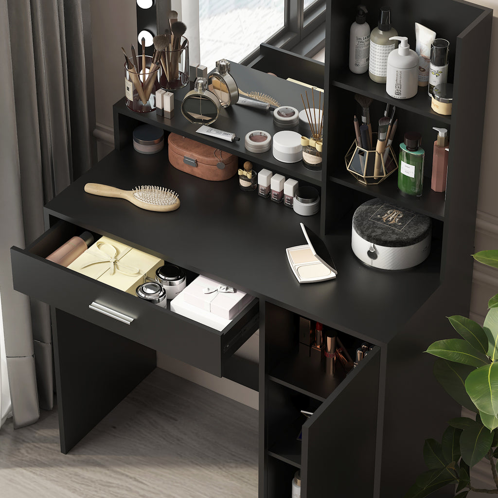 Vanity Desk with Mirror & Light, Large Drawer Three Level Storage Dresser, 3 Lighting Modes Adjustable Brightness, Bedroom Dressing Table(black) - Grand Goldman Shop