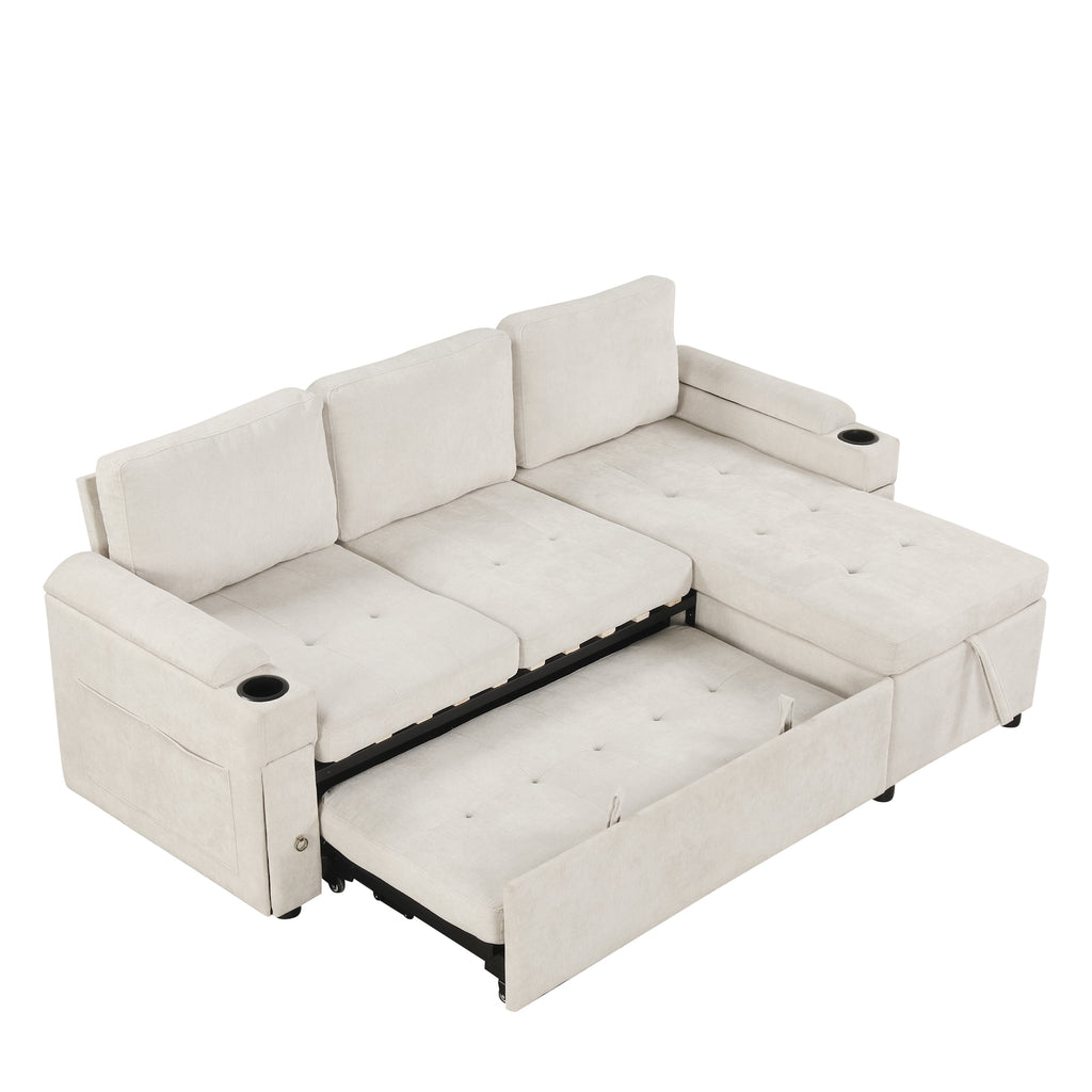 Convertible L-shaped Beige Sofa Couch with Storage, Cup Holders, USB Ports, Chenille Fabric - Grand Goldman Shop