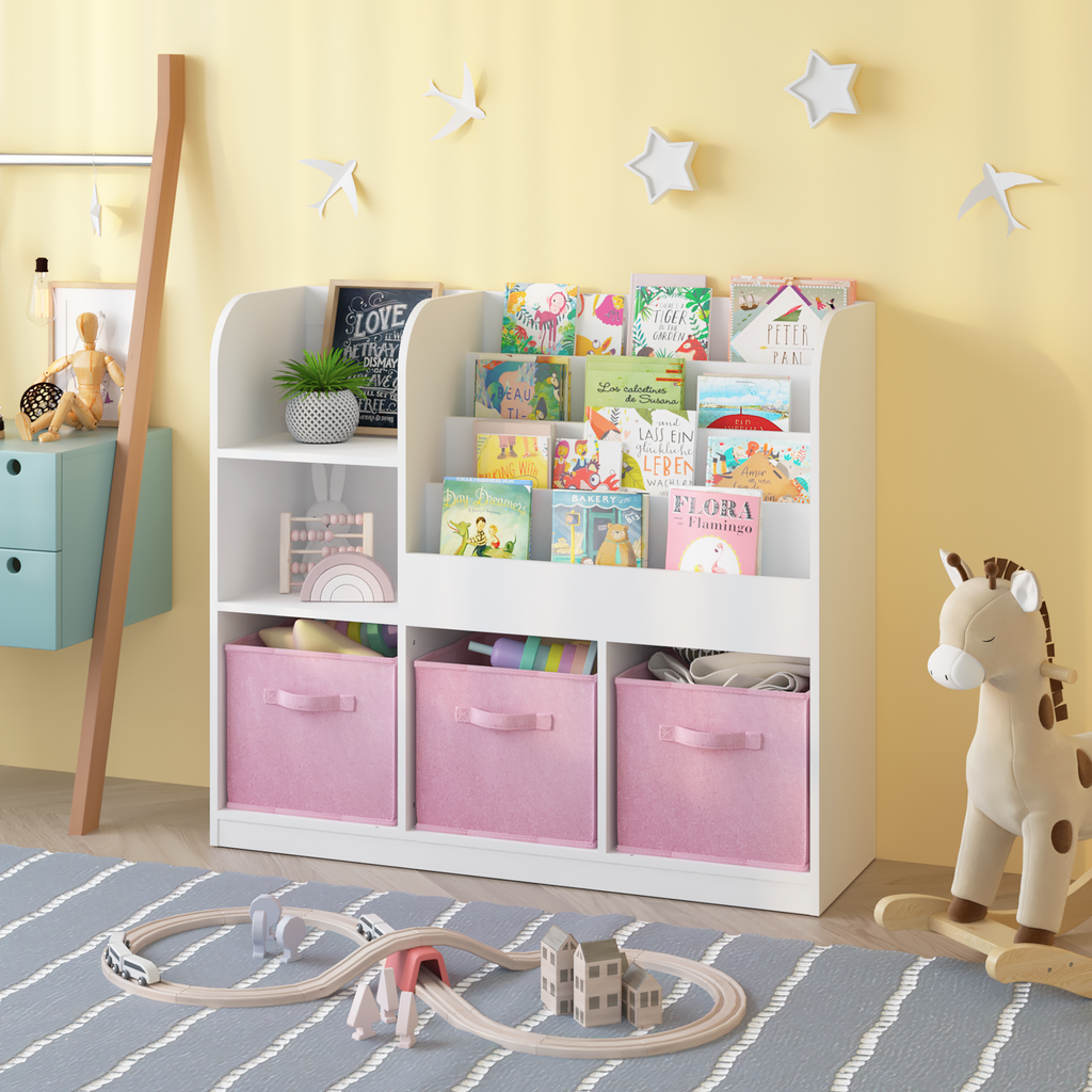 Kids Bookcase and Bookshelf with 3 Collapsible Fabric Drawers, Multifunctional White/Pink Display Stand for Bedroom, Playroom