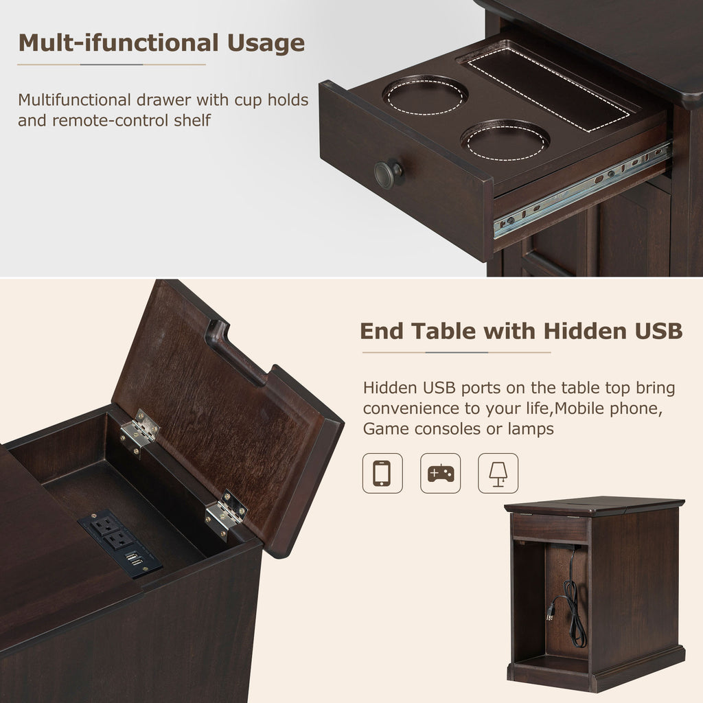 U-Can Classic Vintage Livingroom End Table Side Table with USB Ports and One Multifunctional Drawer with cup holders, Antique Espresso (Old SKU: WF296294AAP) - Grand Goldman Shop