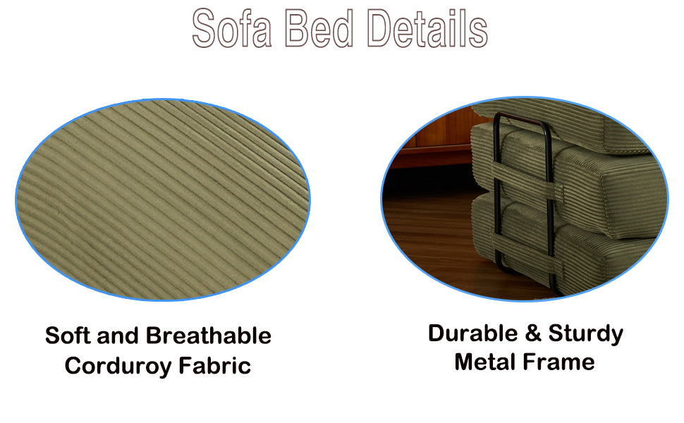 Convertible Sleeper Sofa Bed with Cylindrical Pillow, Corduroy Folding Mattress Couch with Fixed-Shape Frame, Floor Sofa Lounge Couch for Living Room Bedroom (Green) - Grand Goldman Shop