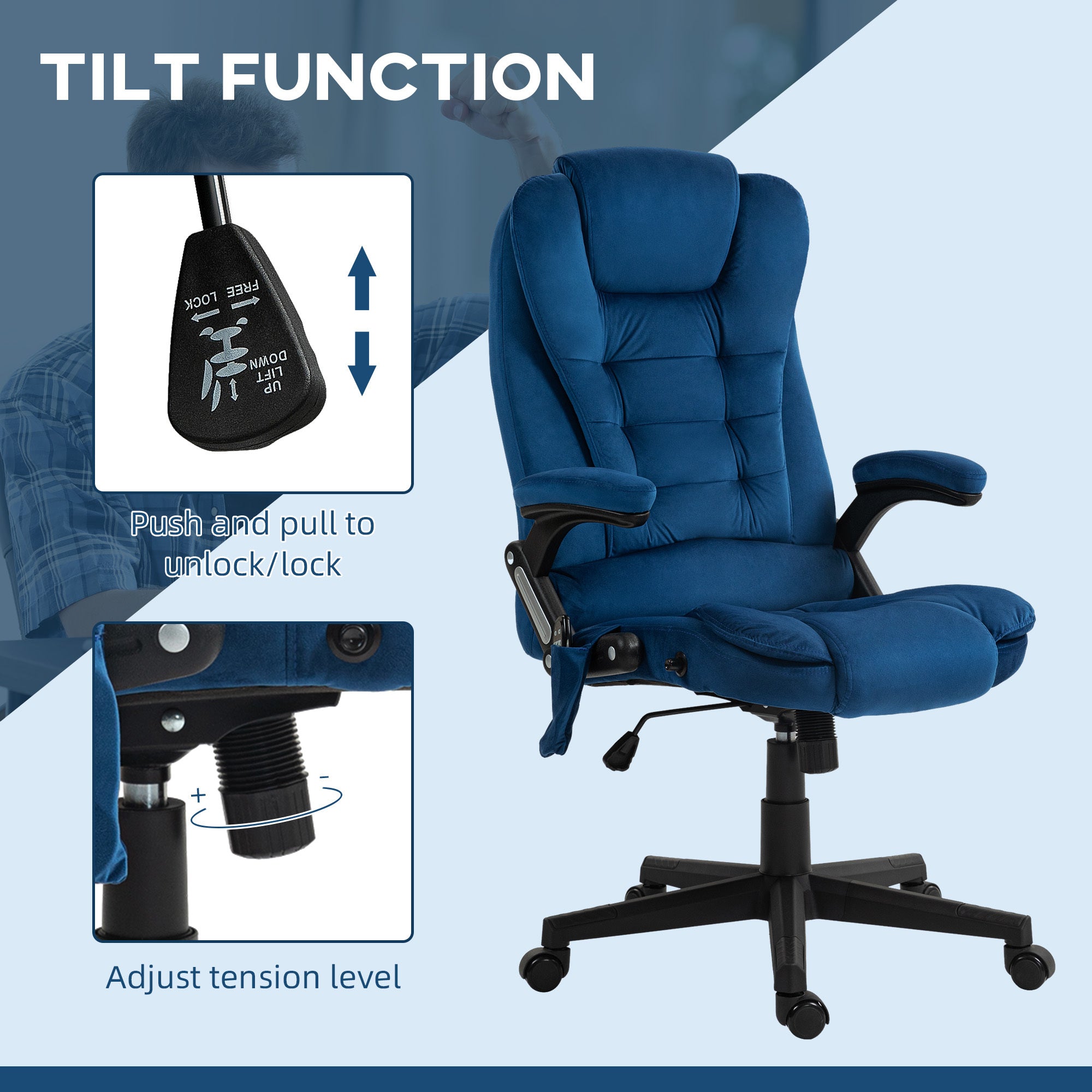 Velvet High Back Vibrating Massage Office Chair, Drak Blue - Grand Goldman