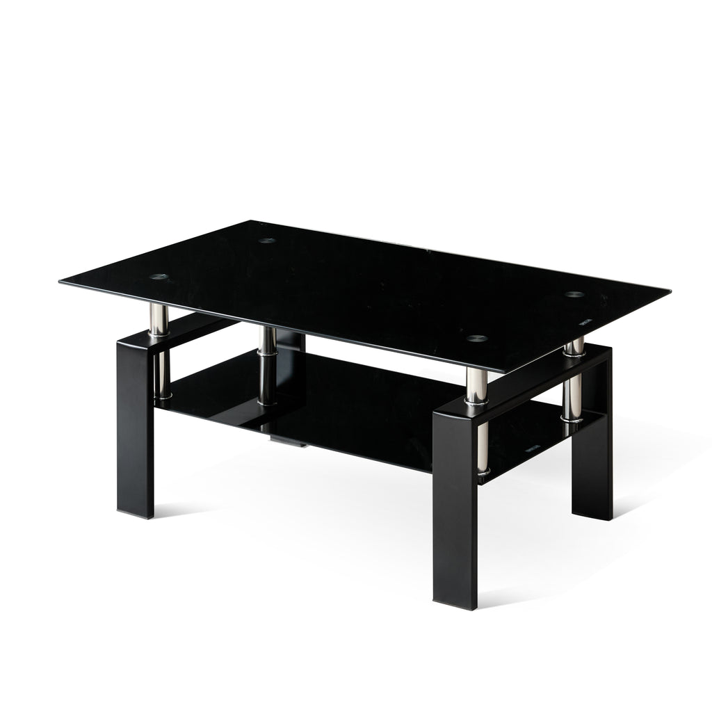 Modern Tempered Black Glass Coffee Table with 2-Layers and Waterfall Edges for Living Room - Grand Goldman Shop