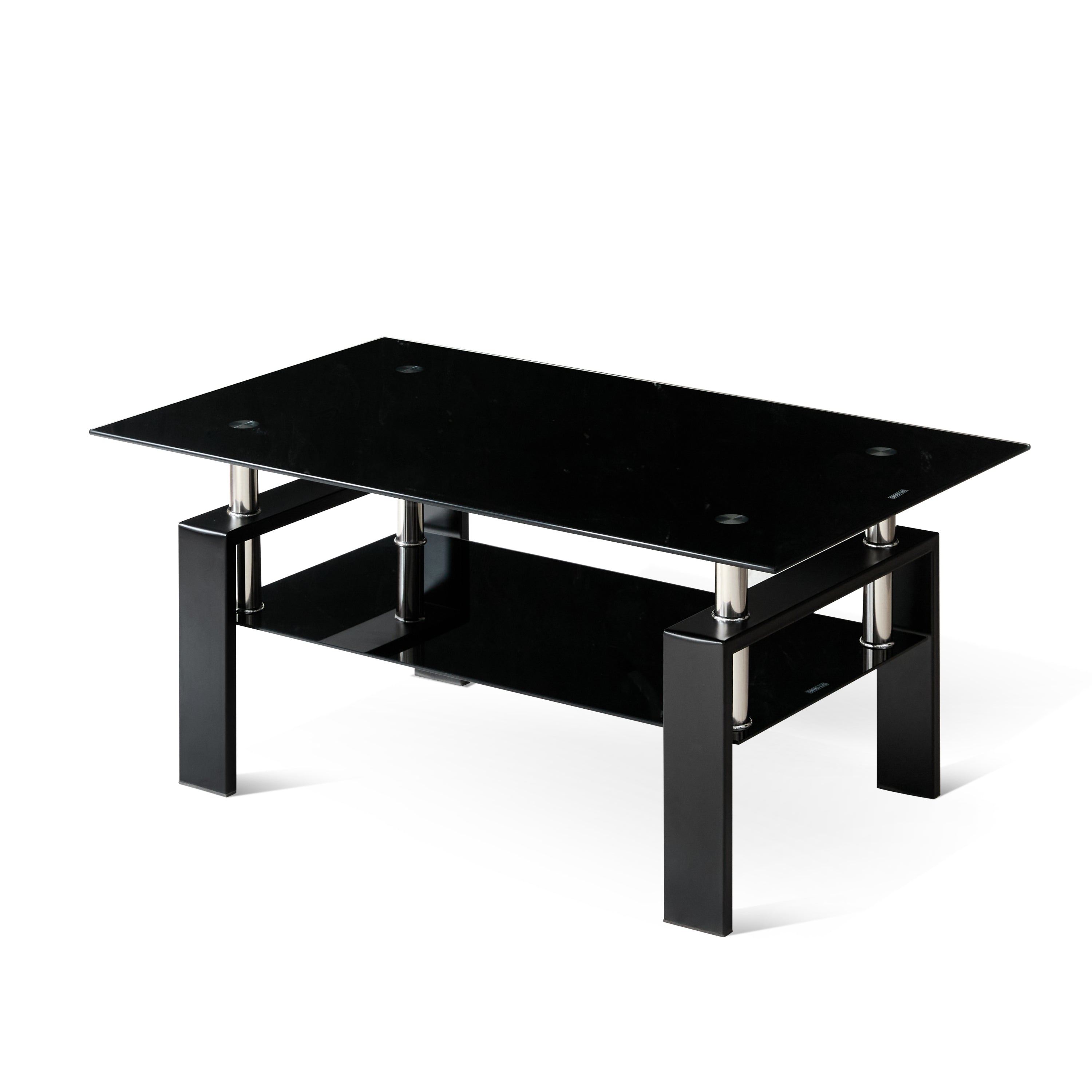 Modern Tempered Black Glass Coffee Table with 2-Layers and Waterfall Edges for Living Room - Grand Goldman Shop