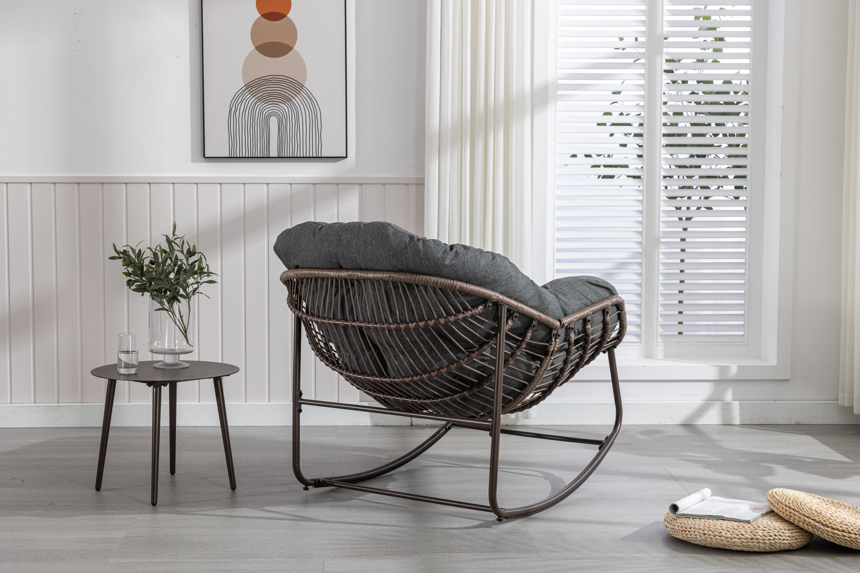 Outdoor Rattan Rocking Chair,Padded Cushion Rocker Recliner Chair Outdoor for Front Porch, Living Room, Patio, Garden, Grey - Grand Goldman Shop