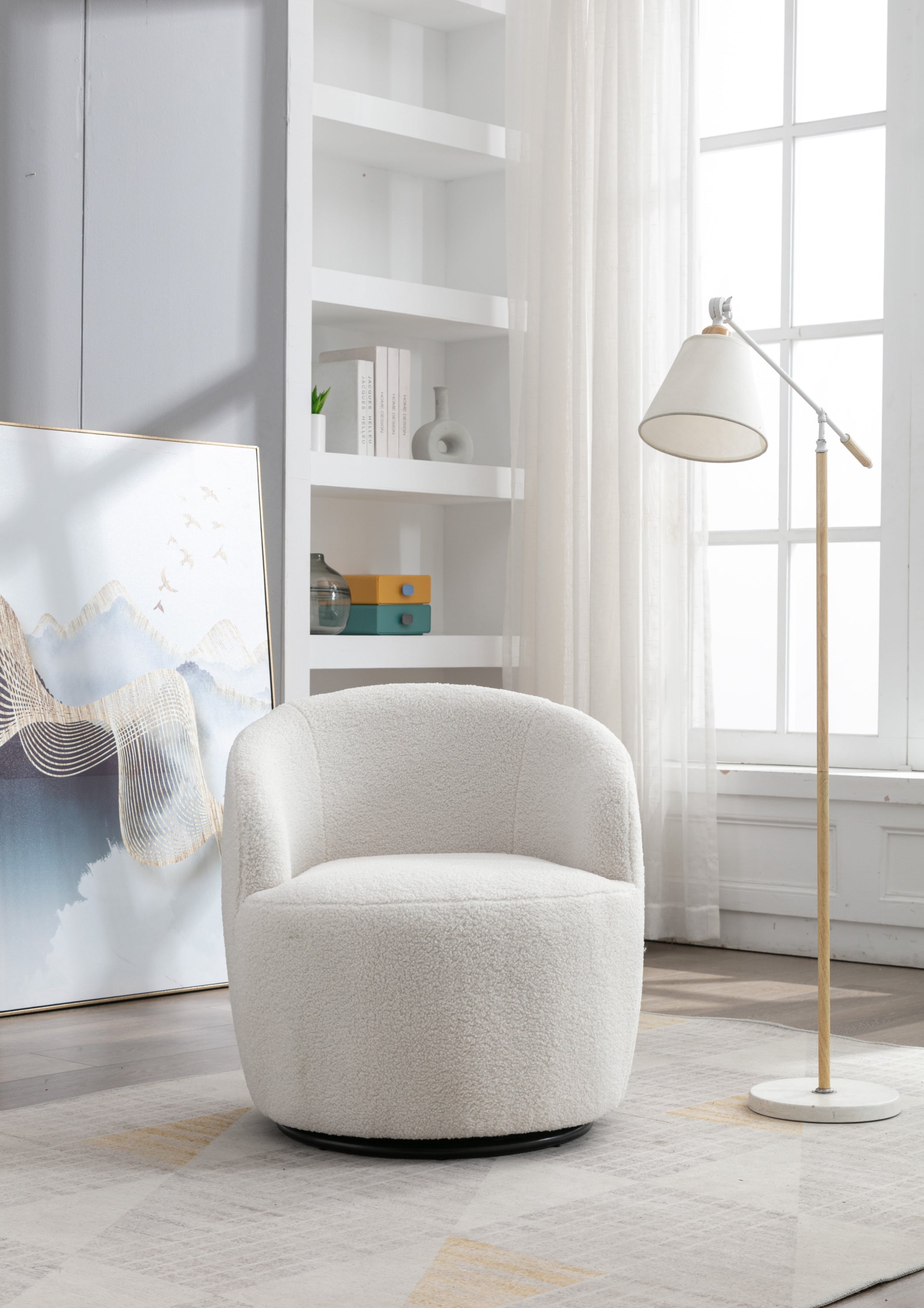 Teddy Fabric Swivel Accent Armchair Barrel Chair With Black Powder Coating Metal Ring,Ivory White - Grand Goldman Shop