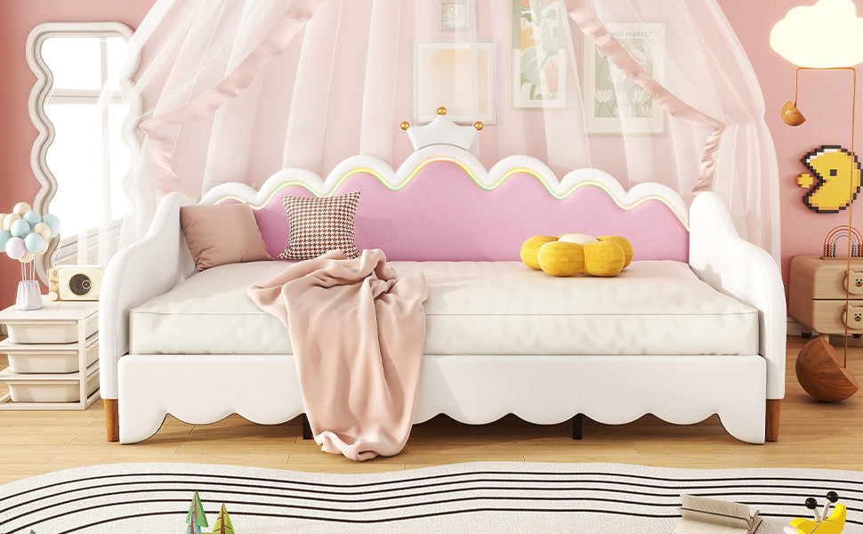 Twin Extending Daybed with LED Lights, Modern Upholstered Princess Daybed With Crown Headboard,White - Grand Goldman Shop