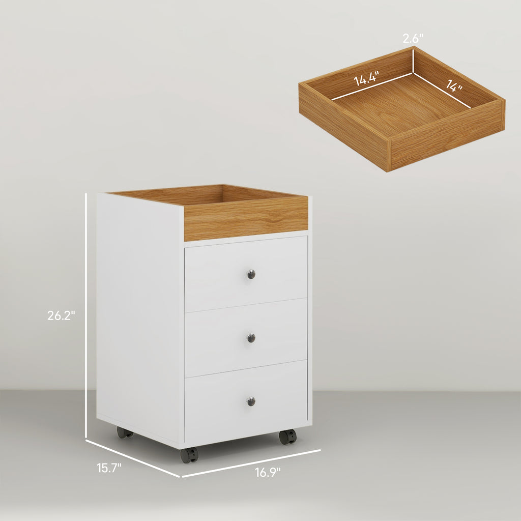 HOMCOM 3 Drawer Home Office Storage Cabinet, Office Drawer on Wheels with Removable Tray, Under Desk Printer Stand with Stora